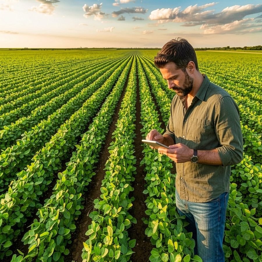 Produtor rural usando o UPINORTE Agro, sistema de gestão para o agronegócio, no celular na lavoura de soja