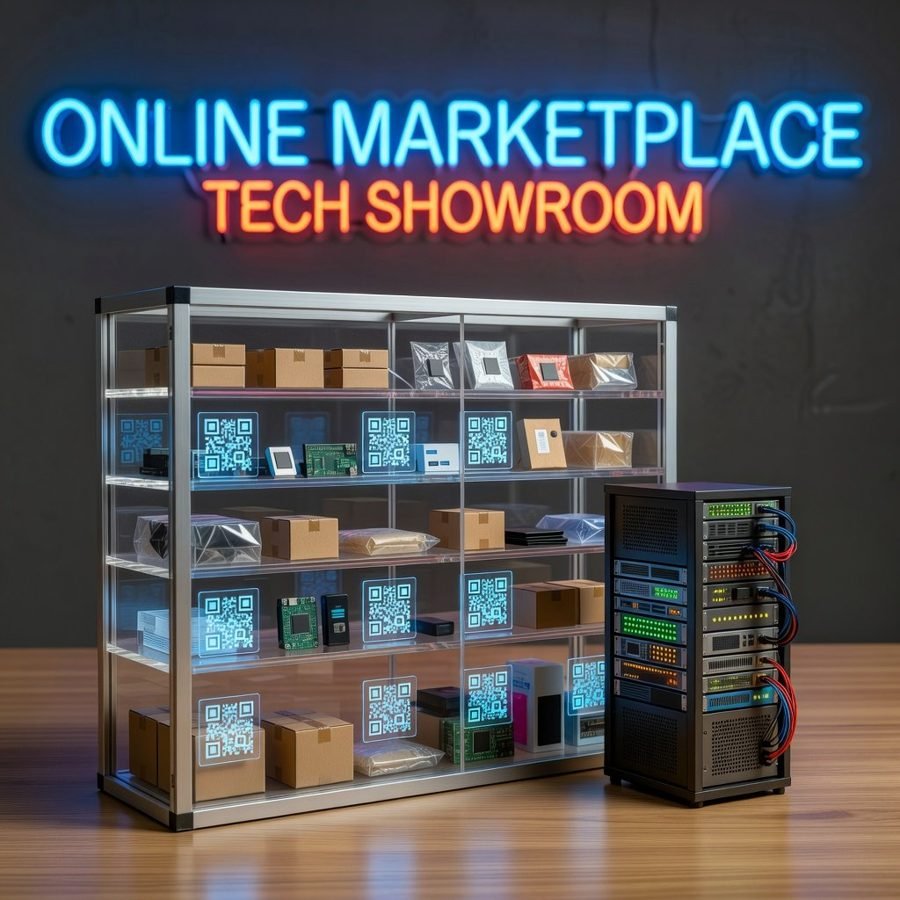 Showroom de e-commerce com produtos e QR codes — UPINORTE Shop, sistema para loja virtual com integração Nuvemshop e Mercado Livre