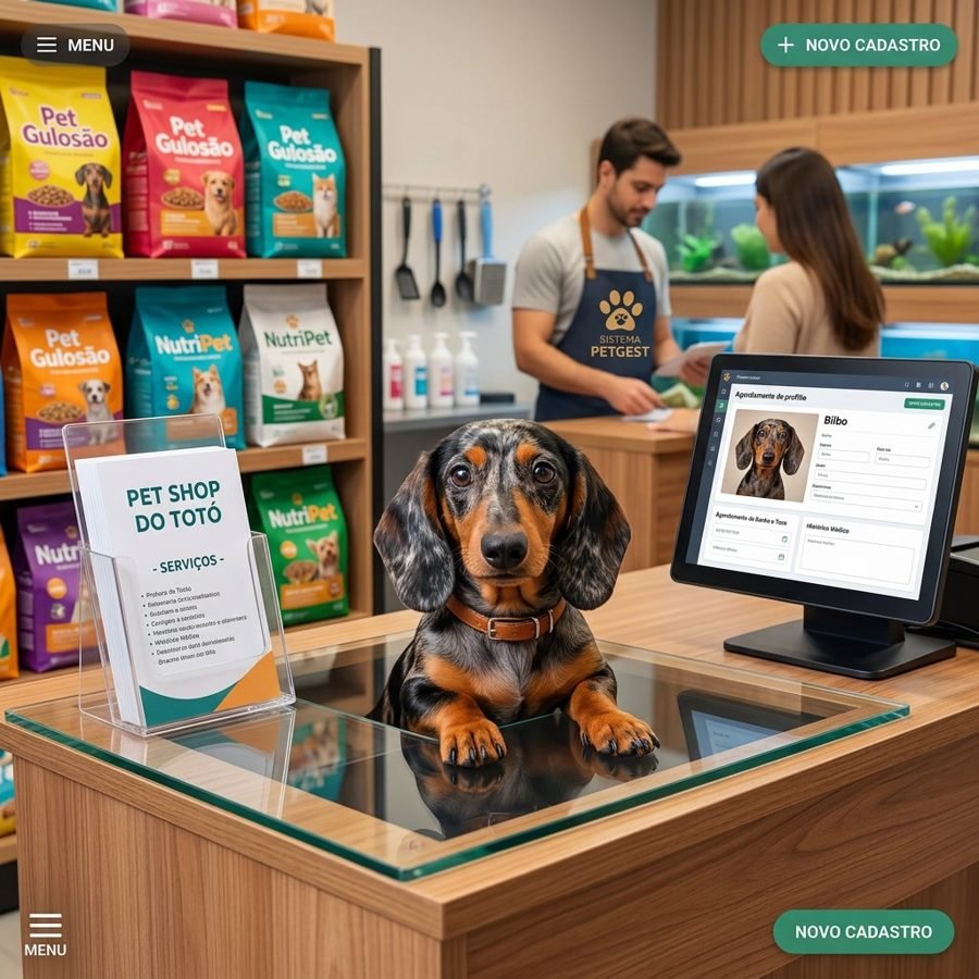 Atendente de petshop usando o UPINORTE Pet, sistema para petshop e veterinária, com o prontuário do pet na tela